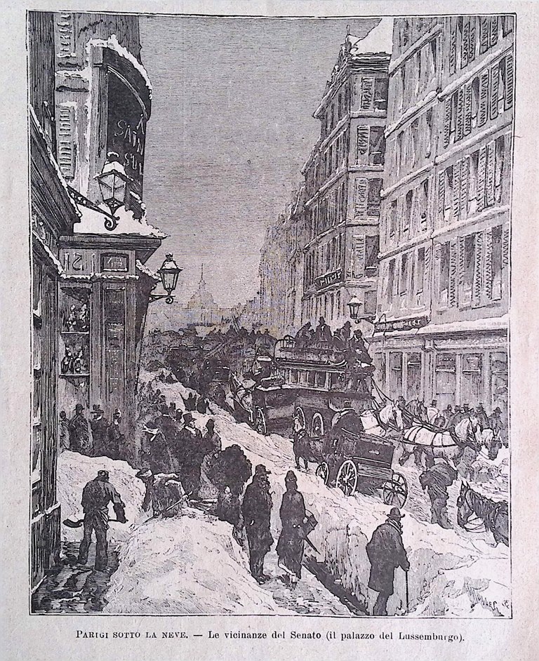 Stampa del 1886 Parigi sotto la neve vicinanze Senato Palazzo …