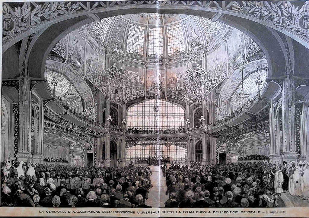 Stampa del 1889 Cerimonia Inaugurazione Esposizione Parigi Sotto Cupola Edificio