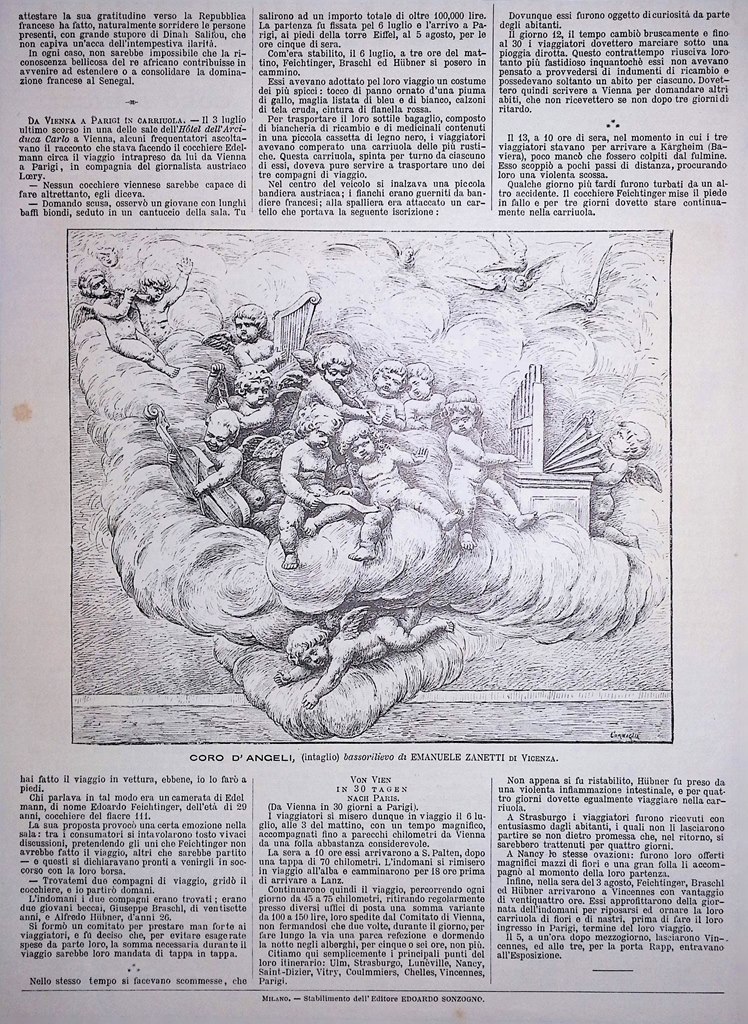 Stampa del 1889 Coro d'Angeli Bassorilievo Emanuele Zanetti Vicenza Intaglio