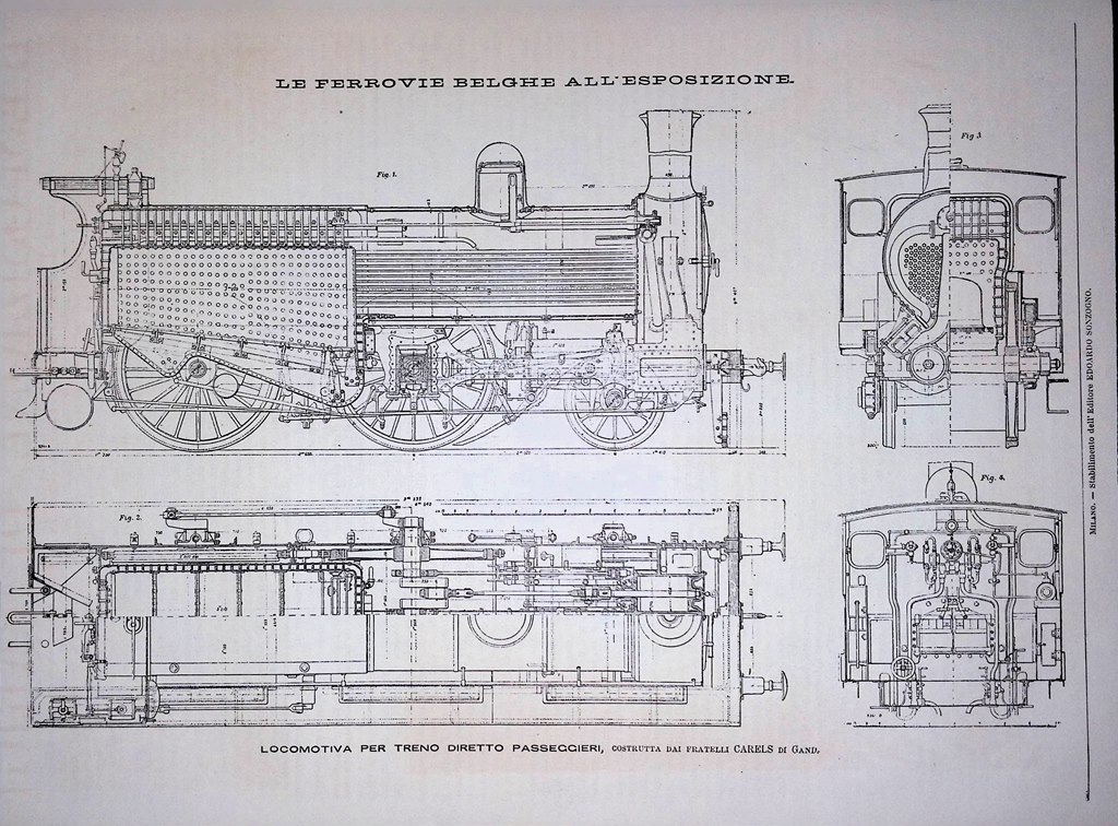 Stampa del 1889 Disegno Locomotiva Treno Diretto Passeggeri Carels Gand …