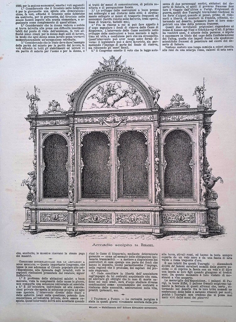 Stampa del 1889 Esposizione di Parigi Armadio scolpito da Besarel