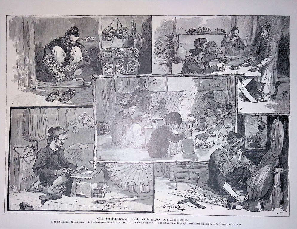 Stampa del 1889 Gli industriali Villaggio di Tonchino Cucina Pasto …