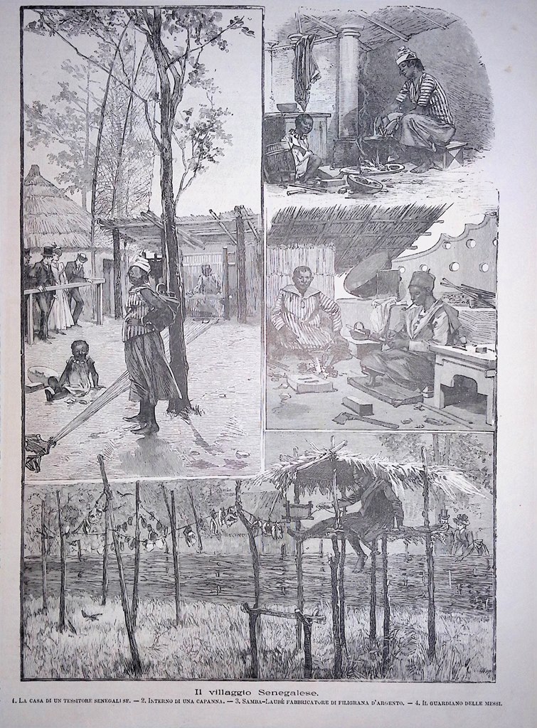 Stampa del 1889 Il villaggio senegalese Casa Tessitore Capanna Guardiano …