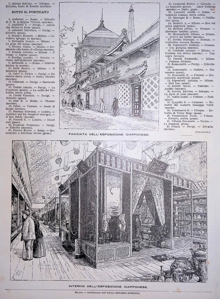 Stampa del 1889 Interno e Facciata dell'Esposizione Giapponese a Parigi