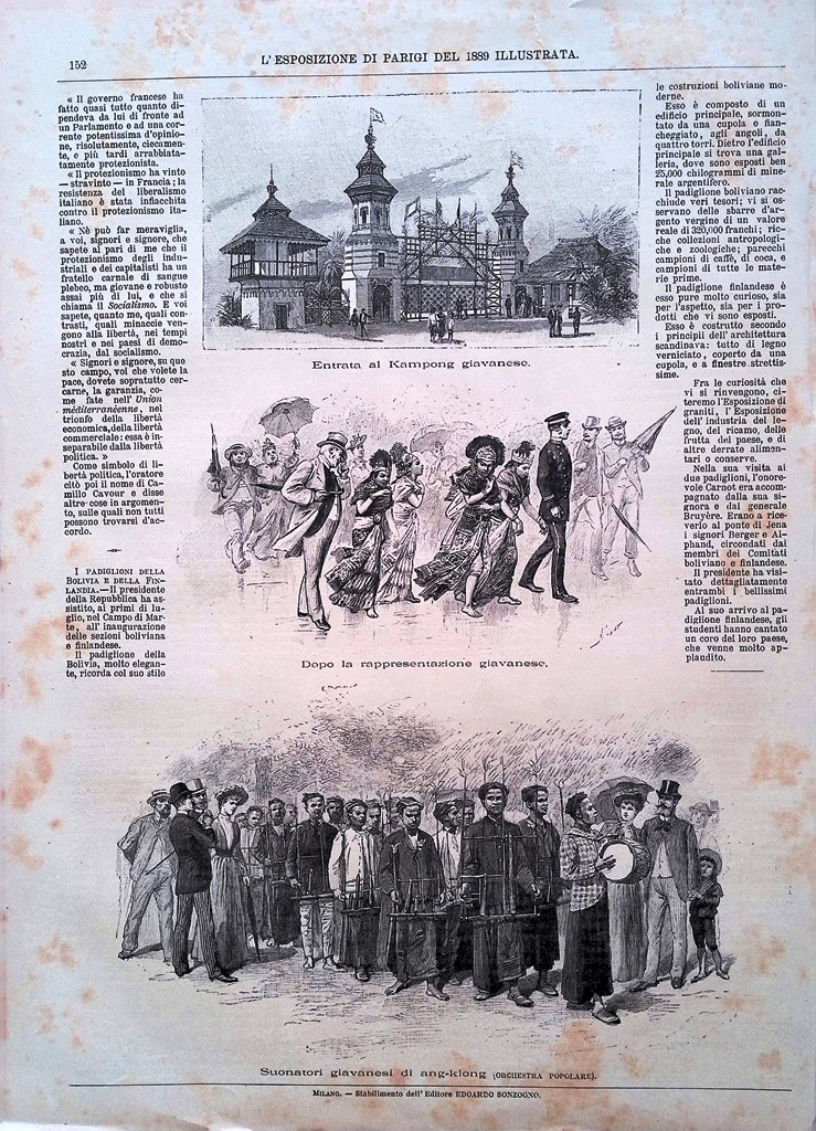 Stampa del 1889 Kampong Giavanese Suonatori ang-klong Esposizione Parigi