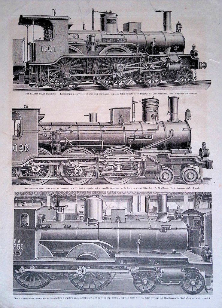 Stampa del 1889 Palazzo Macchine Locomotive Treni Esposizione di Parigi