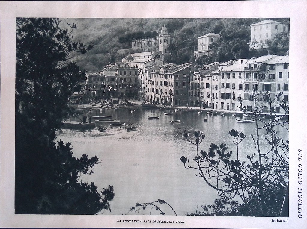 Stampa del 1926 Golfo Tigullio Baia Portofino Mare Scogliera Santa …