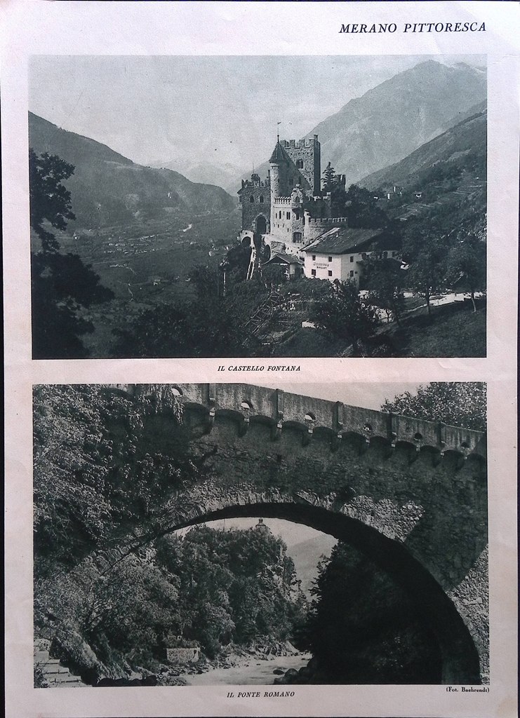Stampa del 1926 Merano Ponte Romano Castello Fontana Rubein Passeggio …