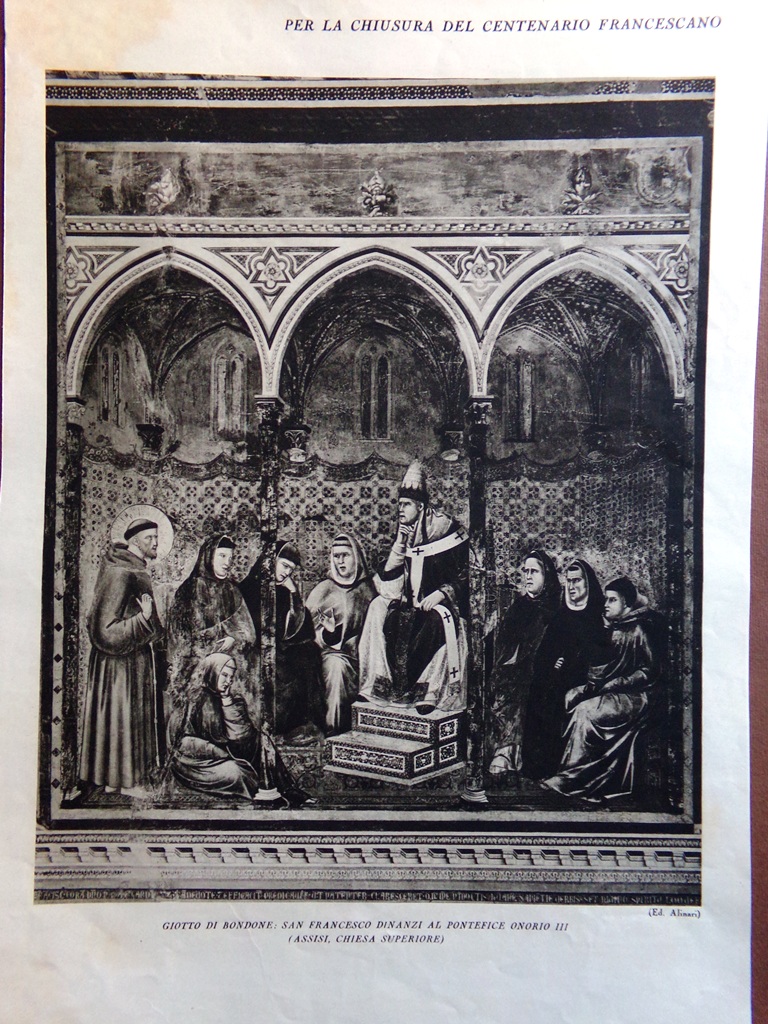Stampa del 1927 Centenario Francescano Giotto Bondone Gozzoli Maiano Onorio …