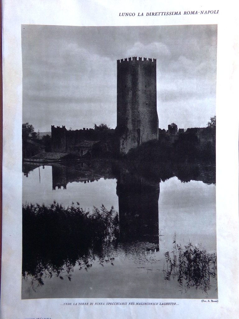 Stampa del 1927 Direttissima Roma Napoli Acquitrini Pontine Torre Ninfa