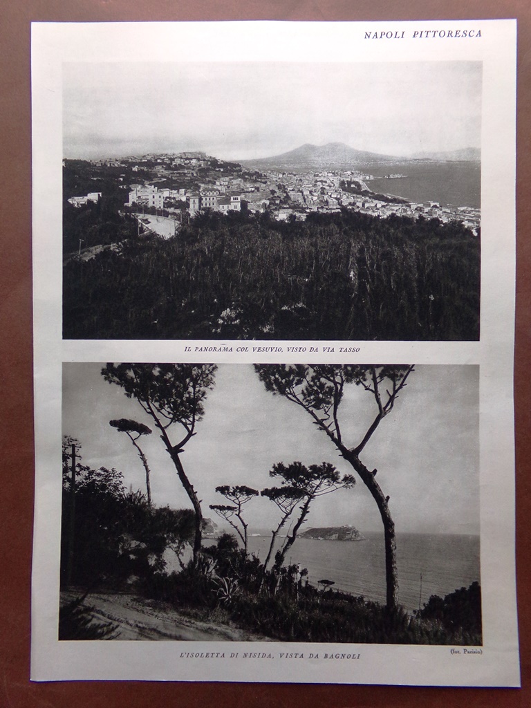 Stampa del 1927 Napoli Clivi Vesuvio Isola Nisida Lago Lucrino …