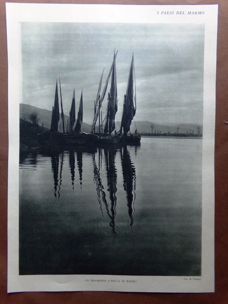 Stampa del 1927 Paesi Marmo Carrara Tramonto Bocca di Magra …