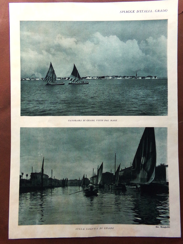 Stampa del 1927 Spiagge d'Italia Grado Laguna Pescatori San Marco