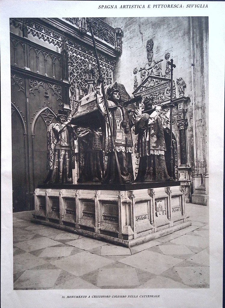 Stampa del 1928 Spagna Pittoresca Siviglia Monumento Colombo Cervantes Piazza