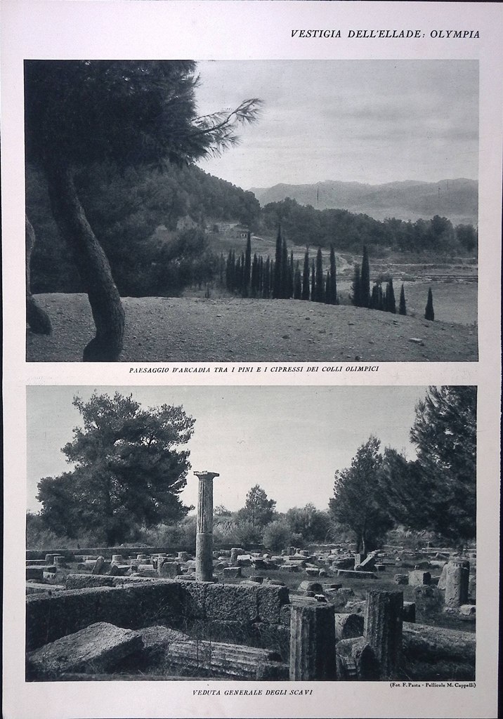 Stampa del 1928 Vestigia Ellade Olympia Colli Veduta Scavi Colonne …