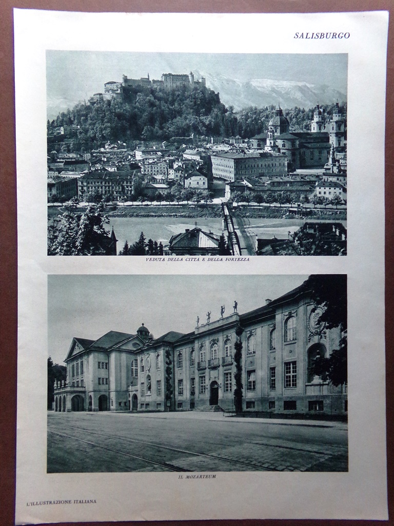 Stampa del 1929 Salisburgo Città Fortezza Mozarteum Castello Mirabello Hellbrunn