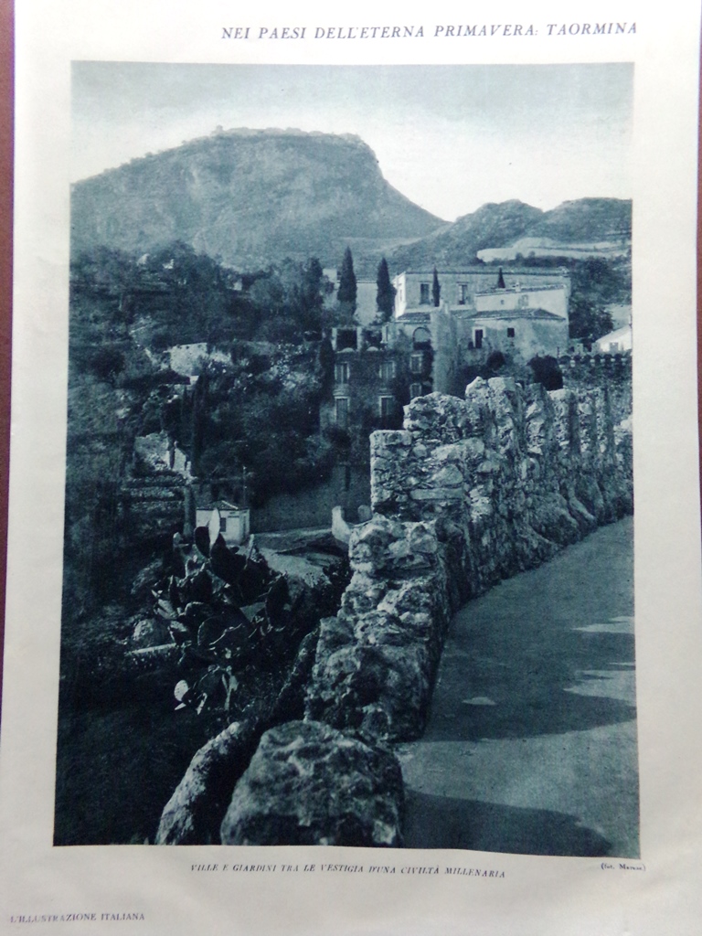 Stampa del 1929 Taormina Civiltà Millenaria Giardino San Domenico Etna