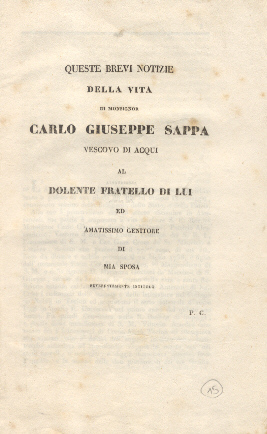 Questi brevi notizie della vita di Monsignor Carlo Giuseppe Sappa, …