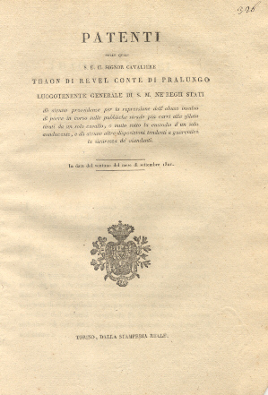 Patenti colle quali S. E. Thaon di Revel Luogotenente Generale …
