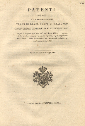 Patenti colle quali S. E. Thaon Di Revel Luogotenente Generale …