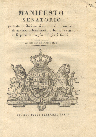 Manifesto senatorio portante proibizione ai carrettieri e cavallanti di caricare …