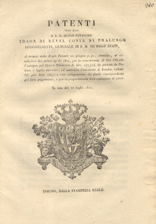 Patenti colle quali S. E. Thano di Revel Luogotenente Generale …