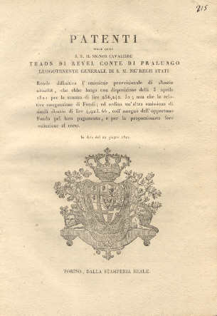 Patenti colle quali S. E. Thano di Revel Luogotenente Generale …