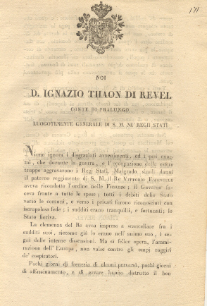 Manifesto di D. Ignazio Thaon di Revel col quale richiama …