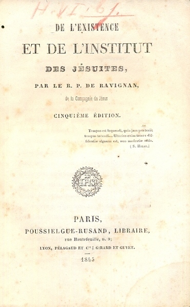 De l'existence et de l' Institut des Jesuites. Cinquieme edition, …