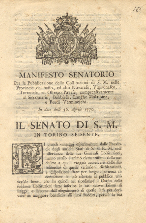 Manifesto Senatorio riguardo la Pubblicazione delle Generali Costituzioni.30 aprile 1770.