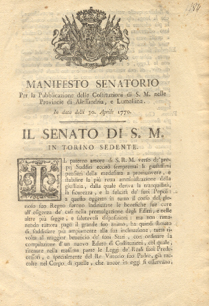 Manifesto Senatorio riguardo la Pubblicazione delle Costituzioni di S.M.30 aprile …