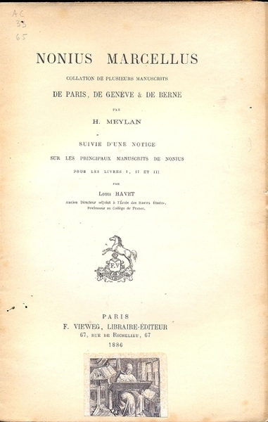 Nonius Marcellus. collation de plusieurs manuscrits de Paris, de Geneve …