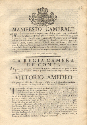 Manifesto Camerale col quale si rendono note le Regie Patenti …