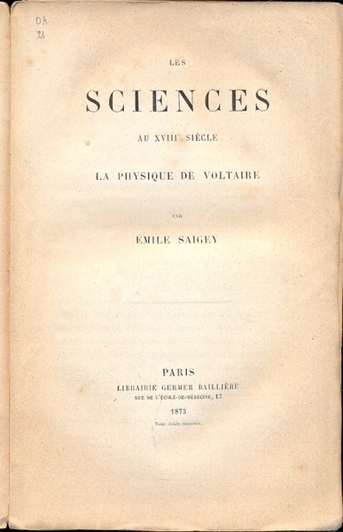 Les sciences au XVIII siecle. La physique de Voltaire.