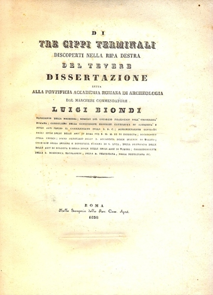 Di tre cippi terminali discoperti nella ripa destra del Tevere. …