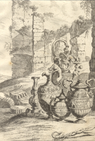 Vasi con cane putti e tritone.