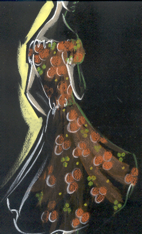 Bozzetto sartoriale. Abito da passeggio con fiori arancio.