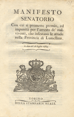 Manifesto senatorio con cui si promette il premio per l'arresto …