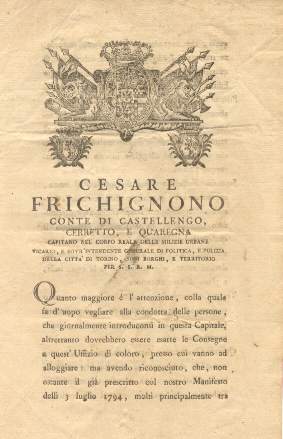 Disposizioni di Cesare Frichignono circa la consegna all'Uffizio di qualunque …