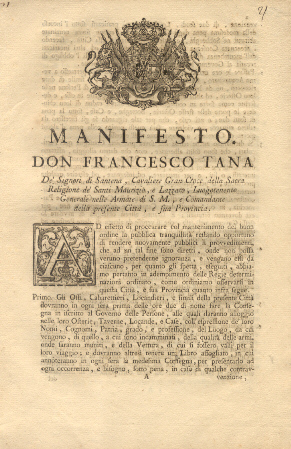 Manifesto di Don Francesco Tana circa la pubblica tranquillità.