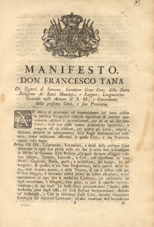 Manifesto di Don Francesco Tana circa la pubblica tranquillità.