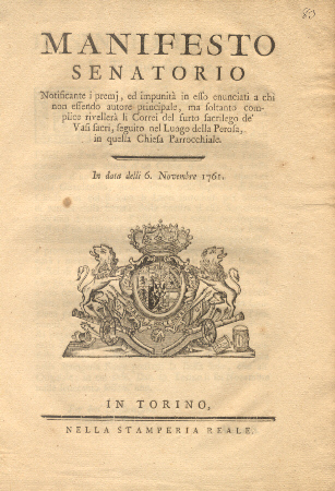 Manifesto Senatorio notificante i premj ed impunità in esso enunciati …