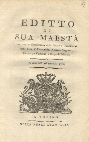 Editto di Sua Maestà portante lo Stabilimento delle Piazzi di …