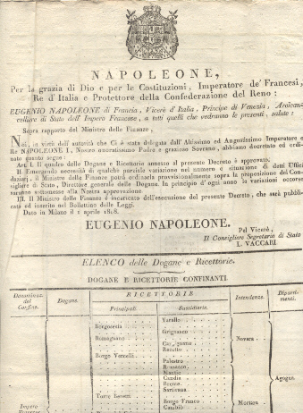 Editto napoleonico che riporta il quadro delle Dogane e Ricettorie.