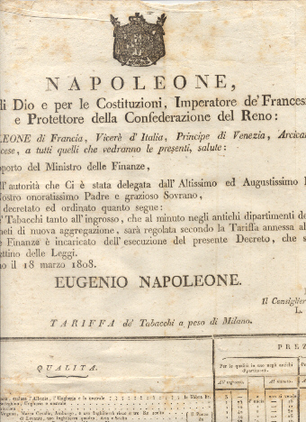 Editto napoleonico che decreta la tariffa de' tabacchi a peso …