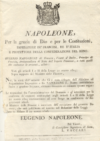 Editto napoleonico che stabilisce chi il Ministro delle Finanze faccia …