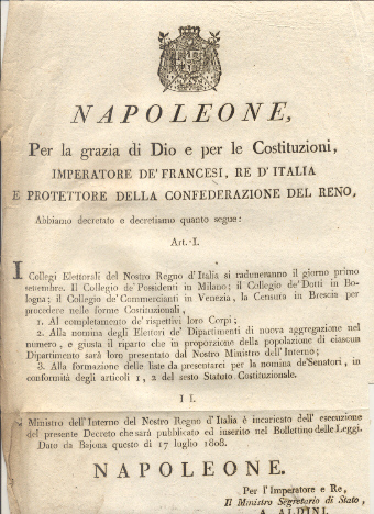 Editto napoleonico per il raduno dei Collegi Elettorali del Regno …