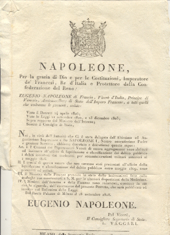 Editto napoleonico che decreta chi i Comuni dei Dipartimenti Veneti …
