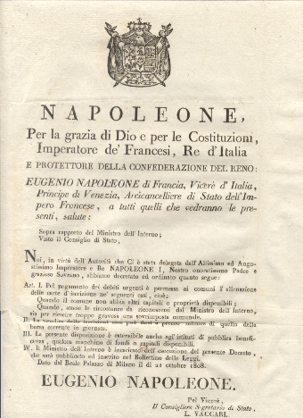 Editto napoleonico che stabiliscele l'alienazione dei debiti ai Comuni.