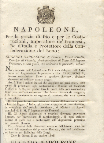 Editto napoleonico che stabiliscele l'obbligo per i cittadini italiani all'estero …
